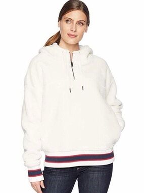 UGG White Plush Half-Zip Hoodie with Striped Trim